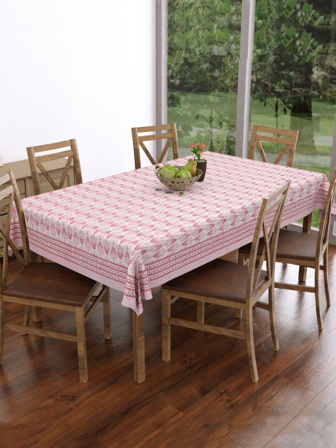 

Myntra Elegant Homes Pink & White Floral Printed Cotton 6-Seater Table Cover