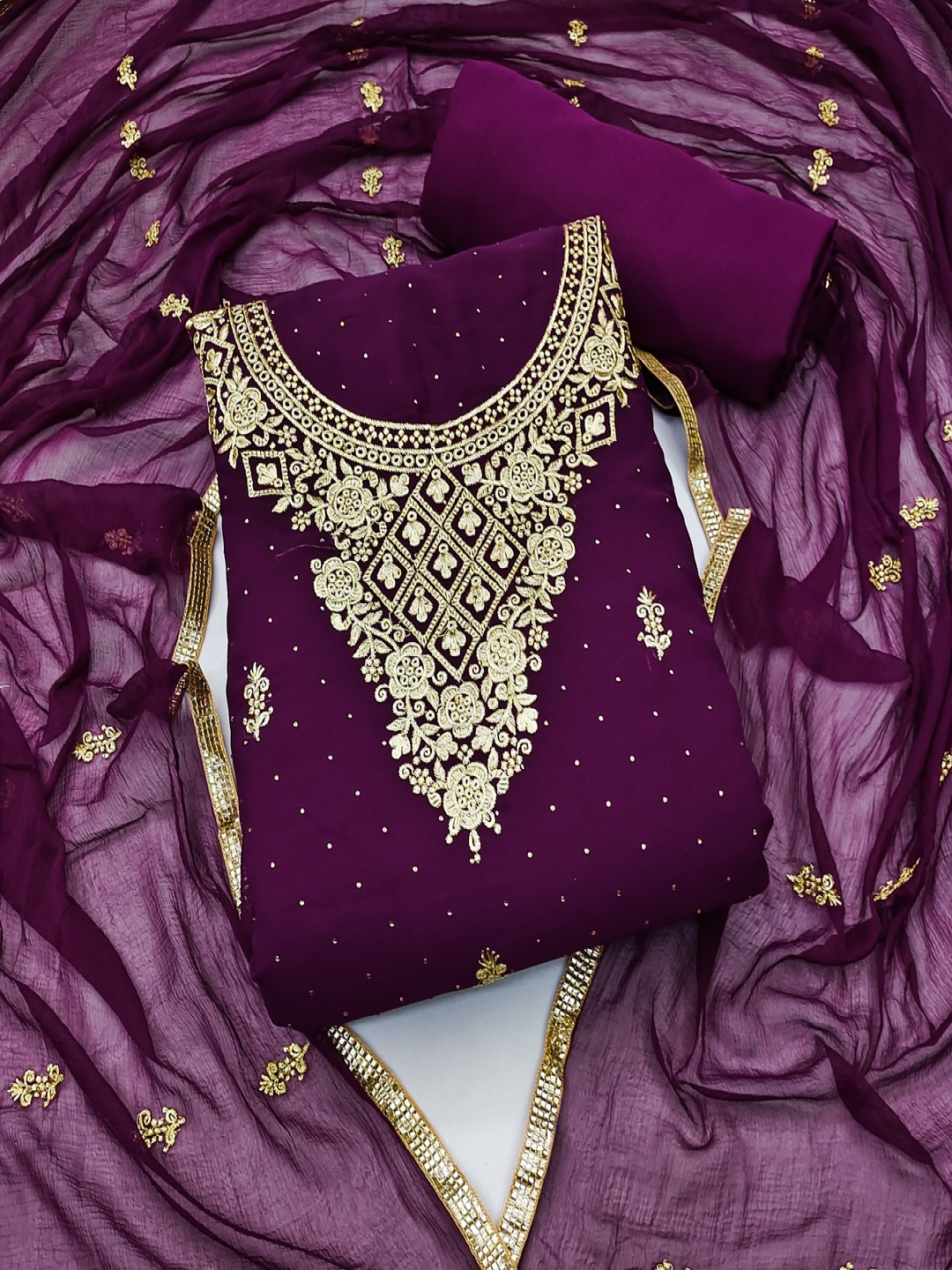 

TRYSTON Floral Embroidered Poly Georgette Unstitched Dress Material, Purple