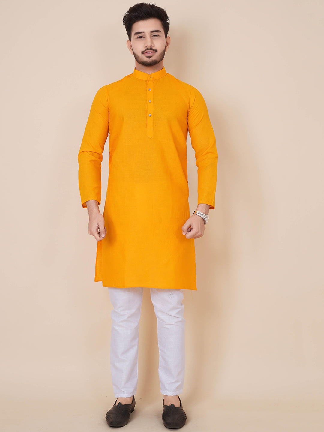 

ALMORA Men Band Collar Pure Cotton Straight Kurta, Yellow