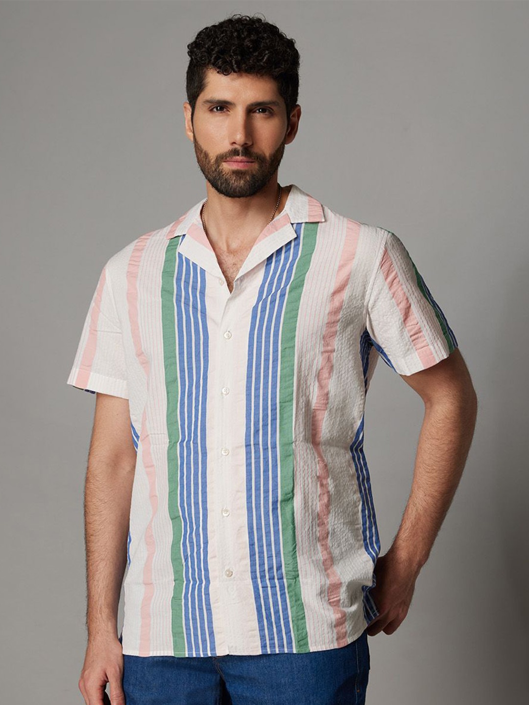 

Bombay Shirt Company Men Premium Relaxed Fit Vertical Striped Cotton Casual Shirt, Off white