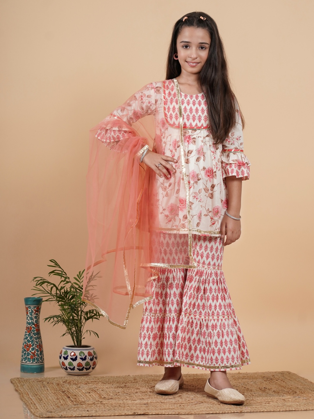 

TUNIYA Girls Floral Printed Cotton Blend Gotta Patti Anarkali Kurta With Sharara & Dupatta, Pink