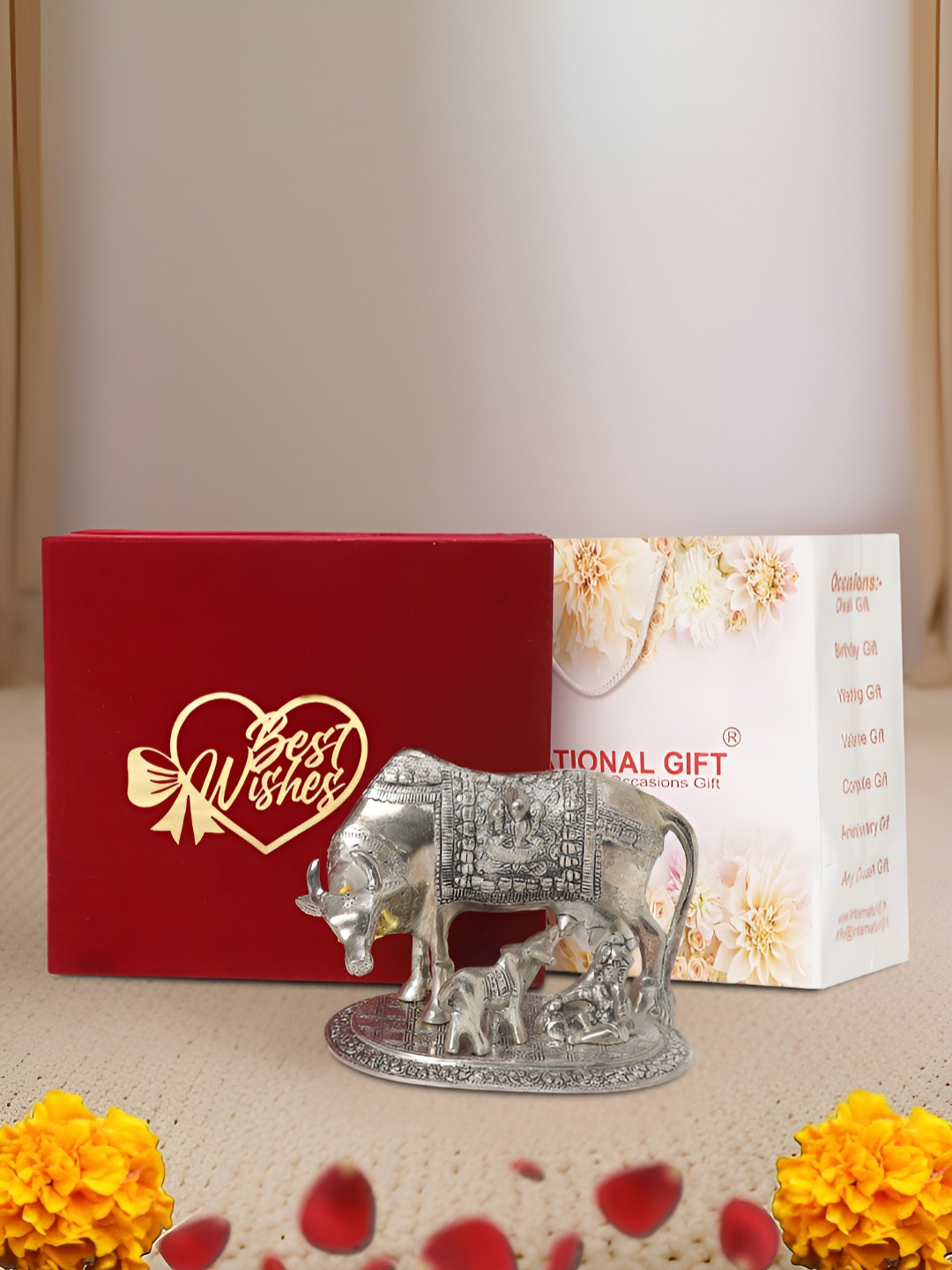 

INTERNATIONAL GIFT Silver-Toned Kamdhenu Cow Religious Idol Showpiece