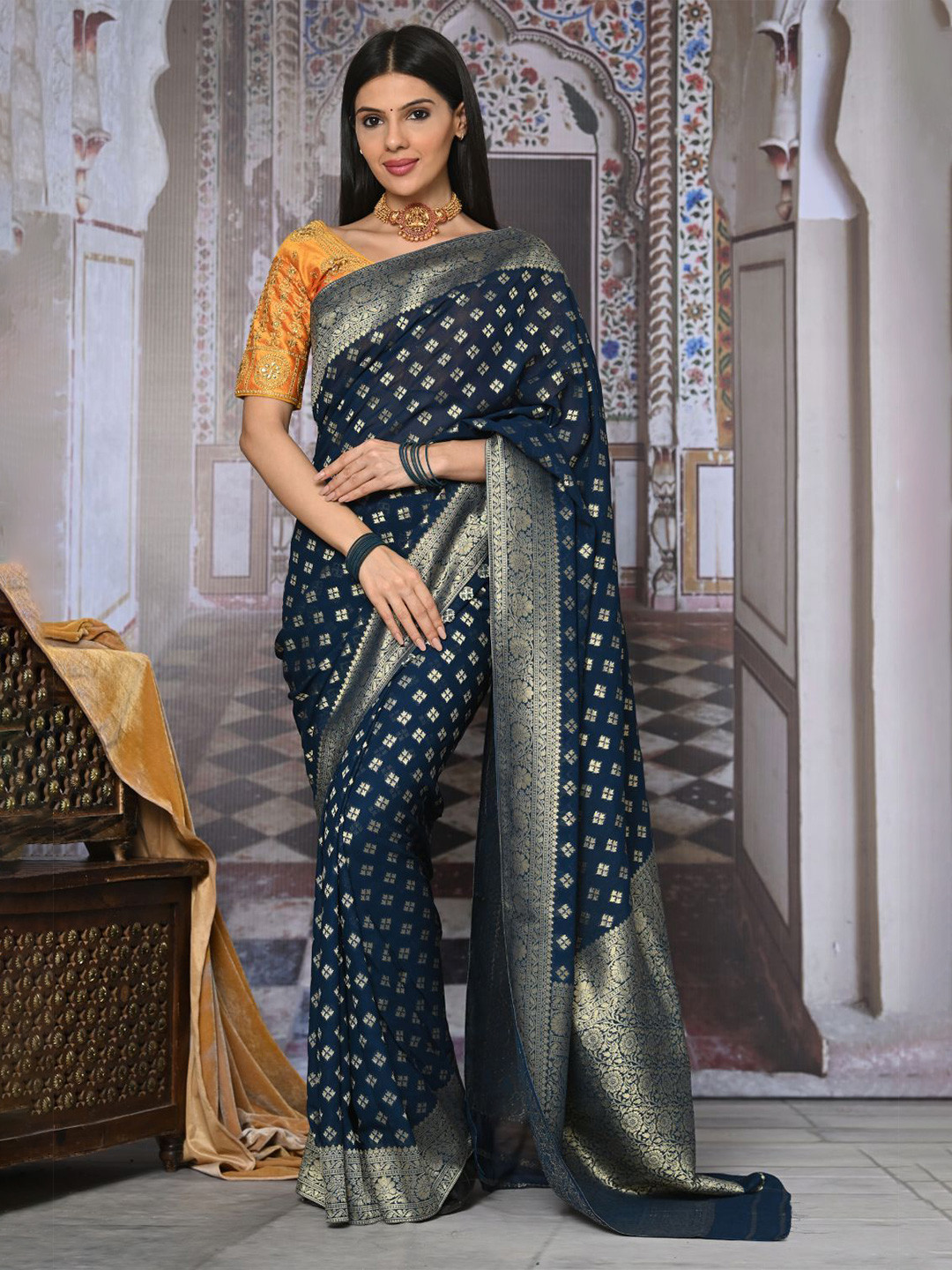 

NITARAA Woven Design Zari Pure Georgette Khadi Saree, Blue
