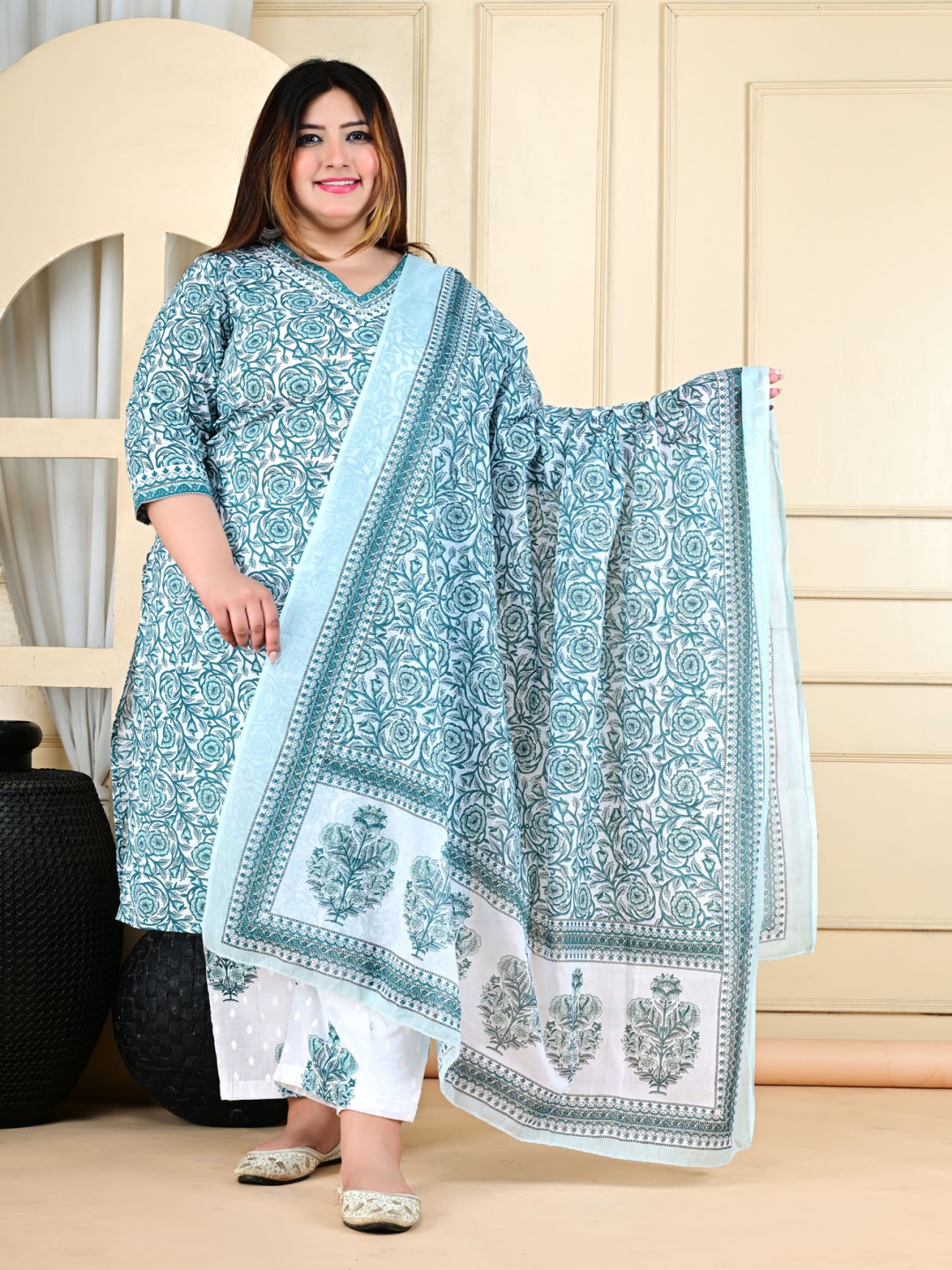 

L.H HANDICRAFTS Plus Size Floral Printed Pure Cotton Kurta With Trouser And Dupatta, Blue