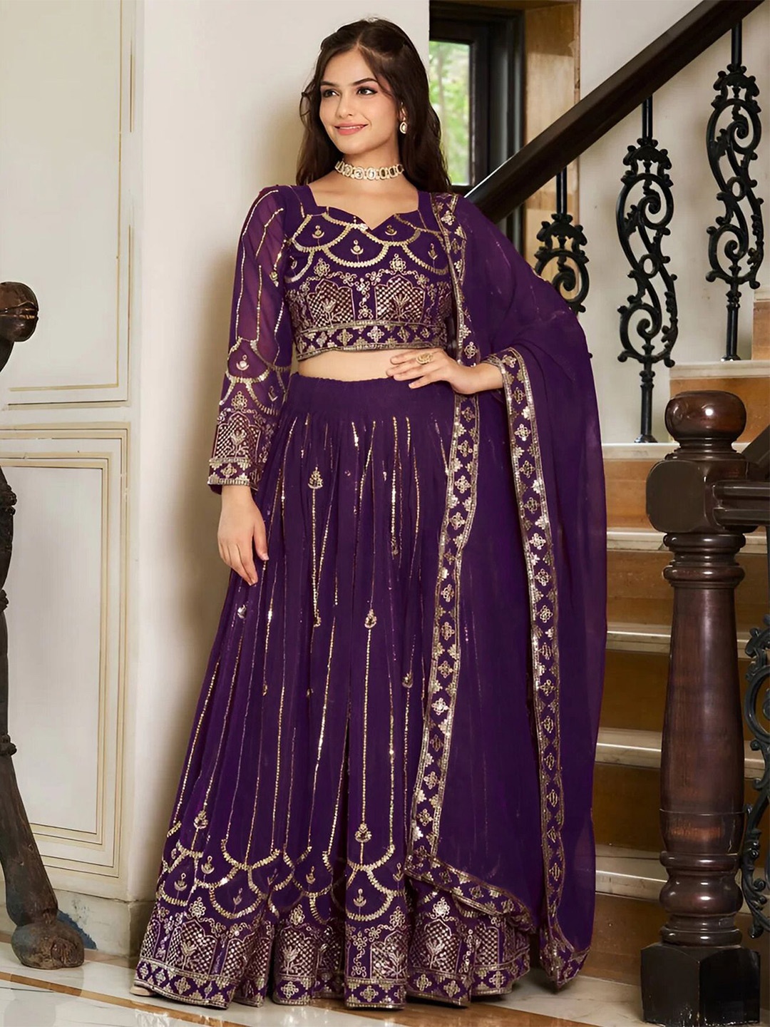 

BAESD Embellished Sequinned Semi-Stitched Lehenga & Unstitched Blouse With Dupatta, Purple