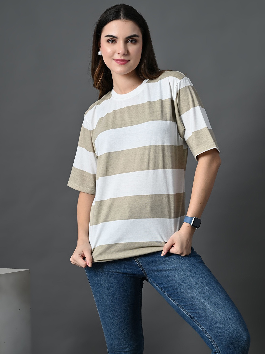 

CORSICA Women Bio Finish Striped Round Neck Cotton Relaxed Fit T-shirt, Brown