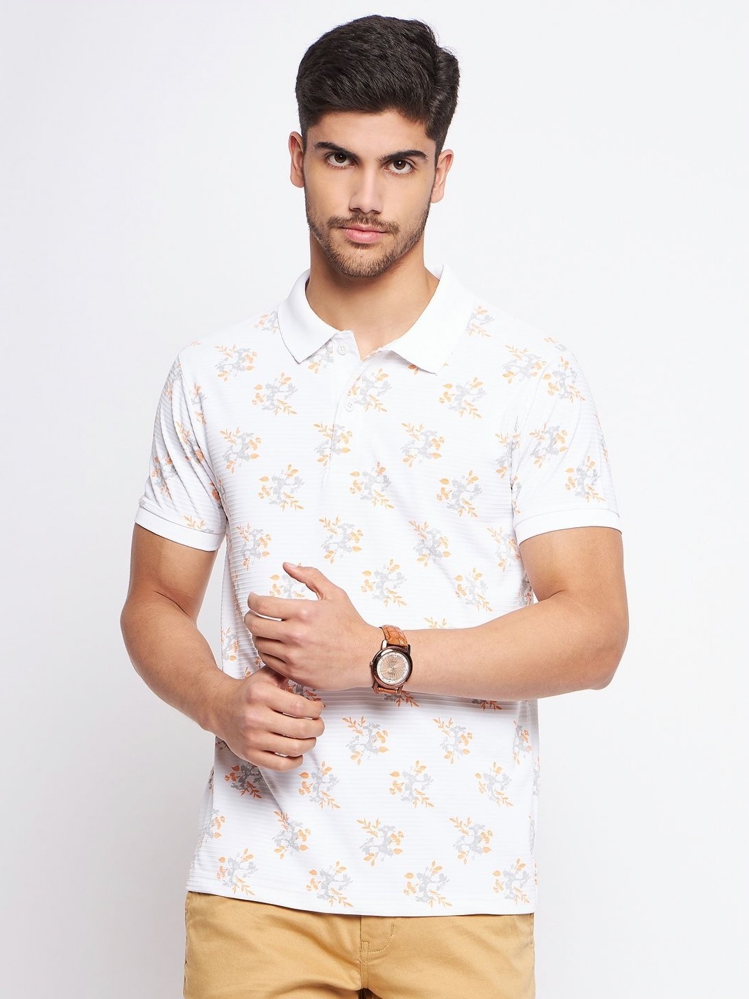 

MXN Men Floral Printed Polo Collar Cotton T-shirt, White