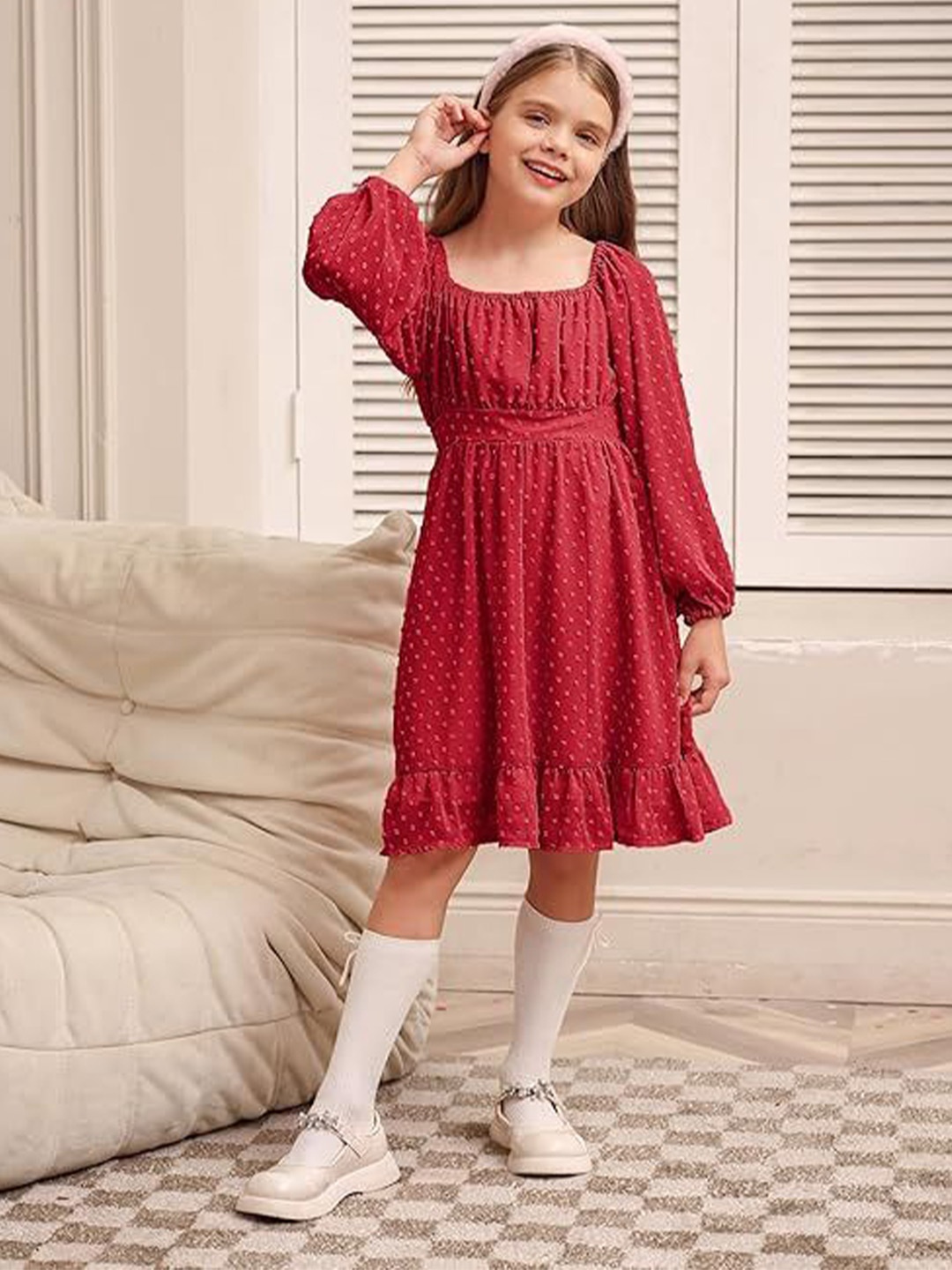 

R Cube Puff Sleeve Georgette Fit & Flare Midi Dress, Red