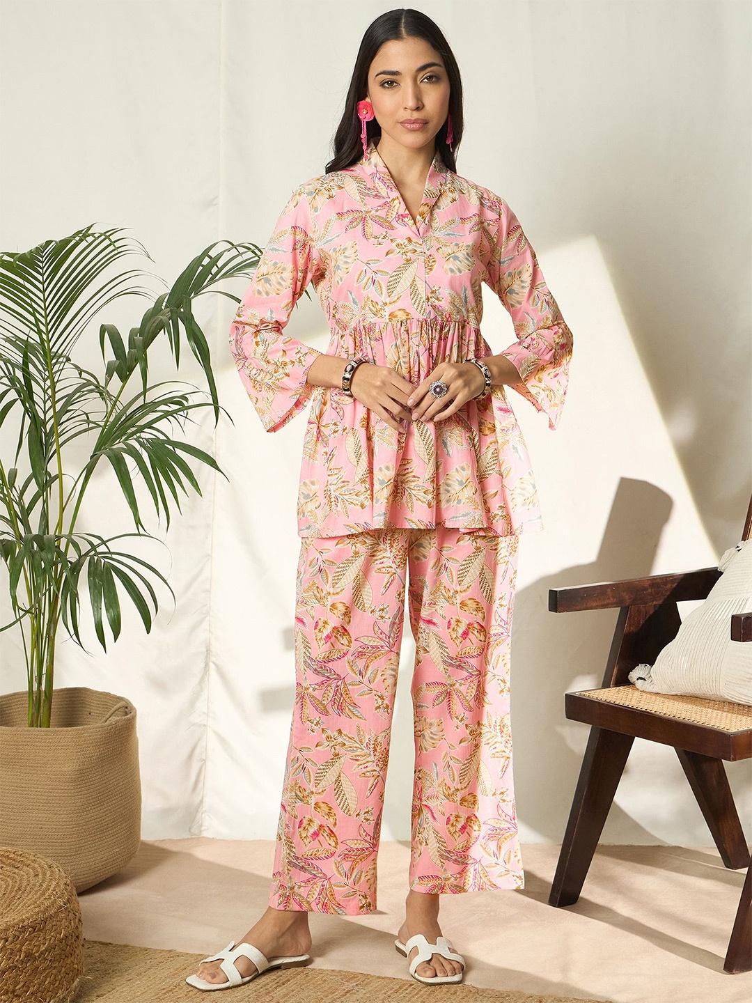 

BANDIA Floral Printed Pure Cotton V-Neck Tunic With Trousers Co-Ords, Pink