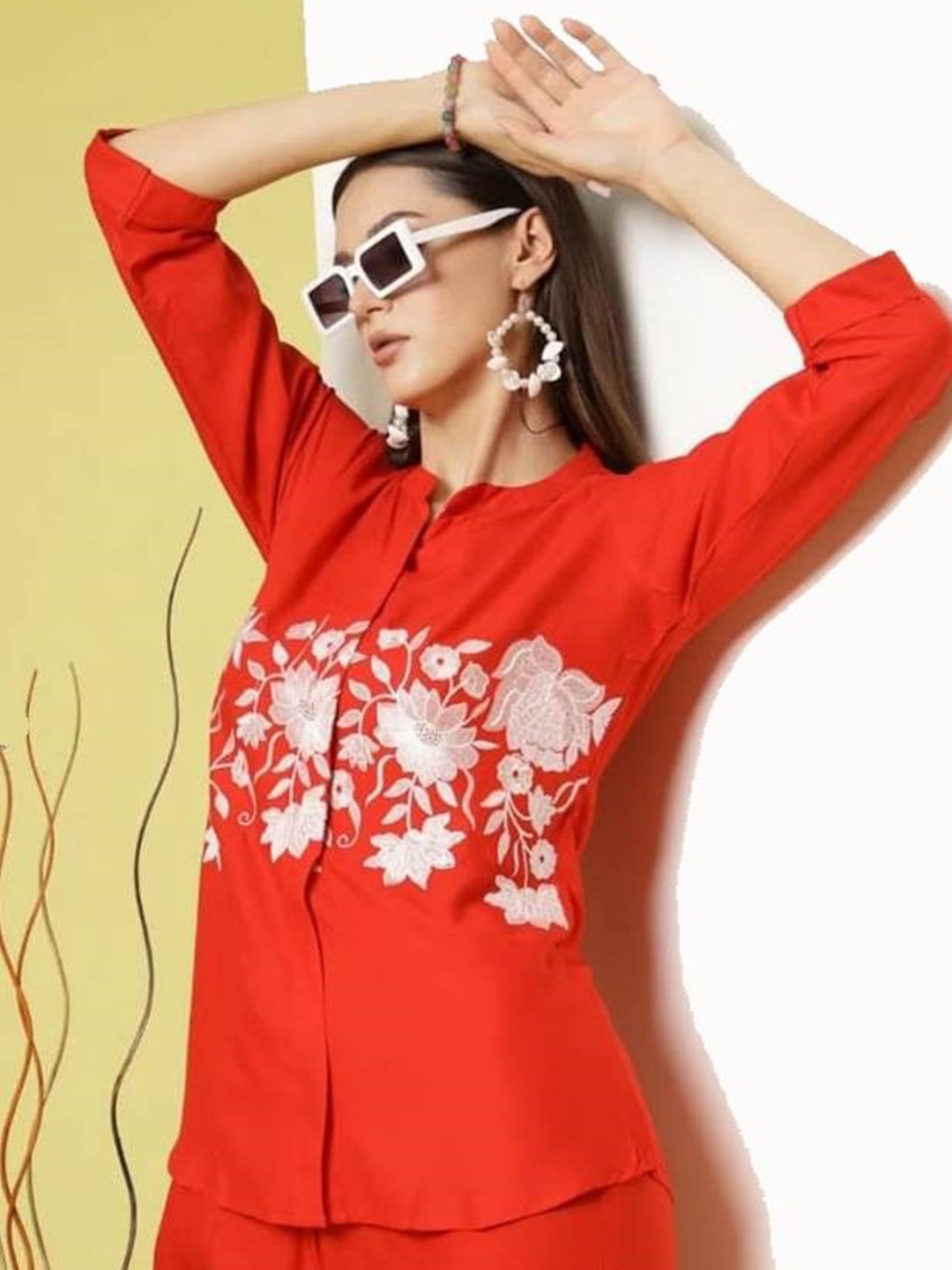 

CORSICA Women Floral Embroidery Mandarin Collar Shirt Style Straight Cotton Top, Red