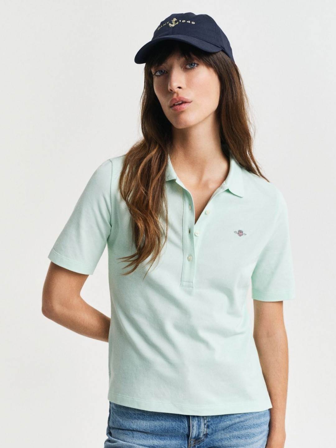 

GANT Women Solid Polo Collar Pique Cotton Slim Fit T-shirt, Green