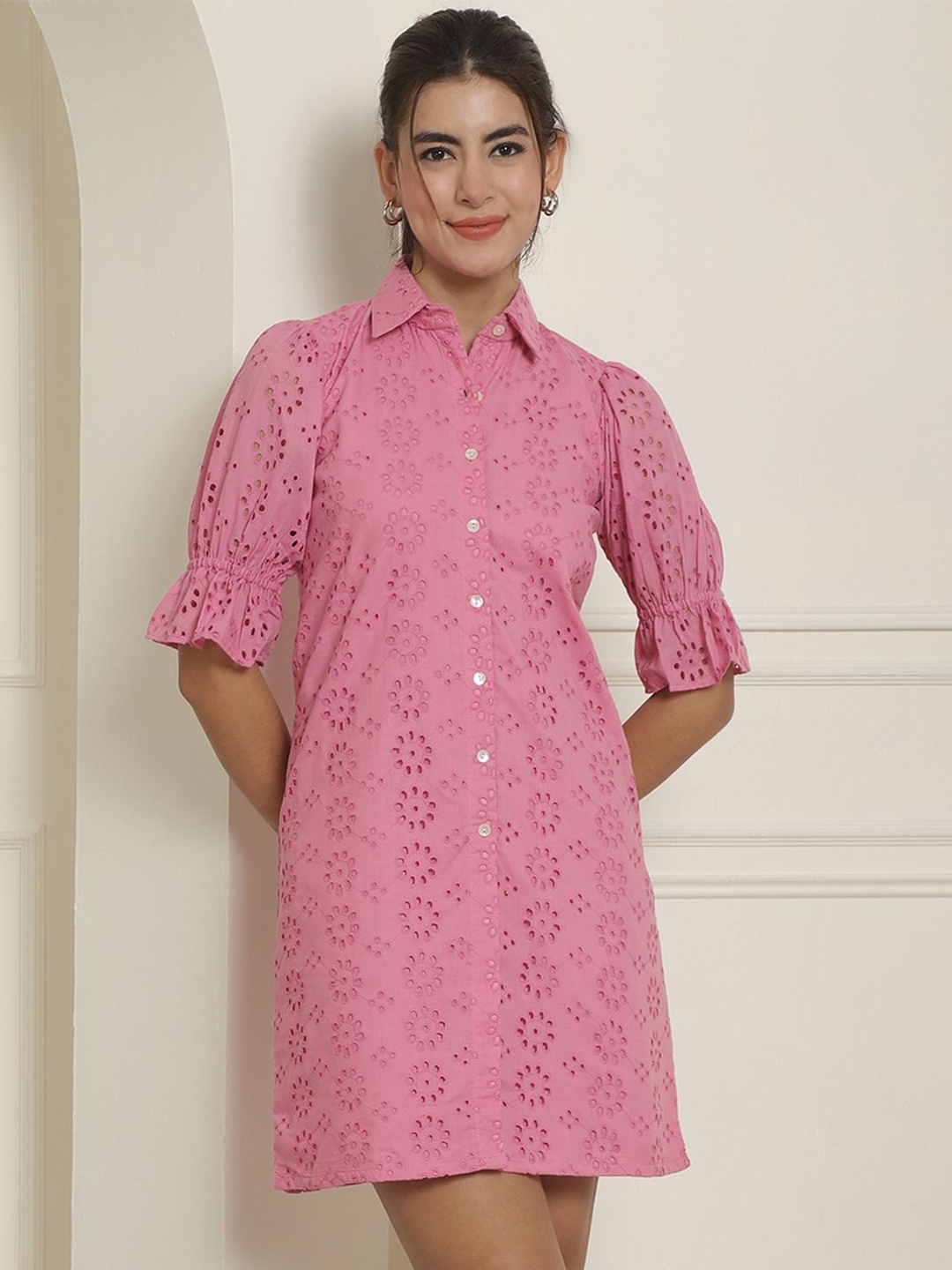 

JAINISH Women Cotton Puff Sleeve A-Line Dress, Pink