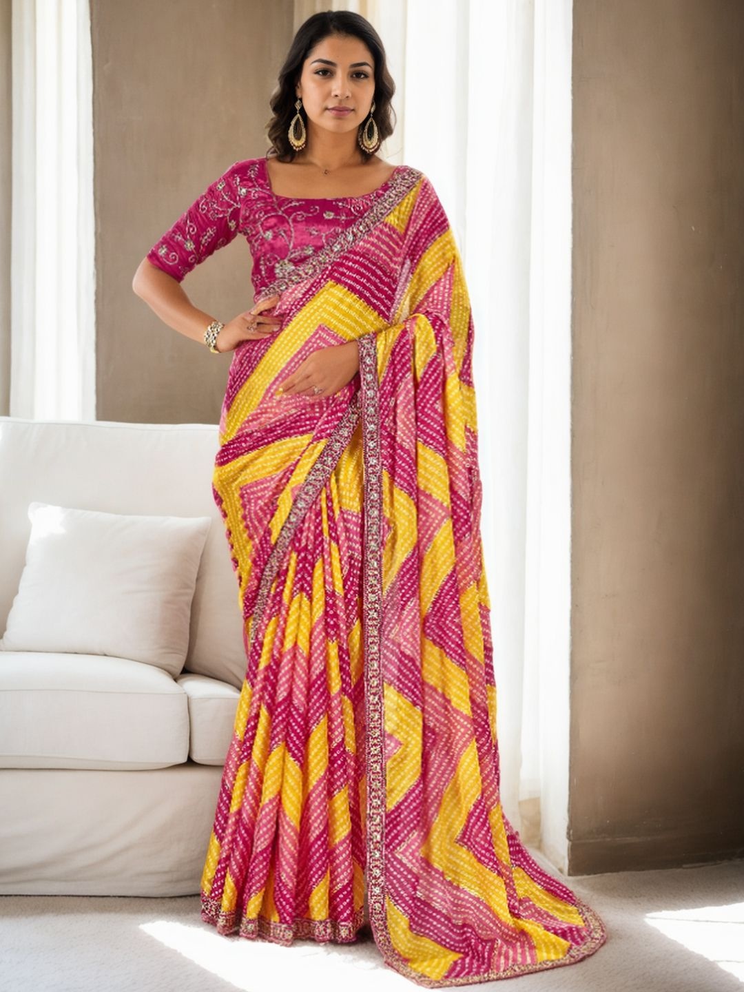

LeeliPeeri Designer Bandhani Embroidered Poly Chiffon Bandhani Saree, Pink
