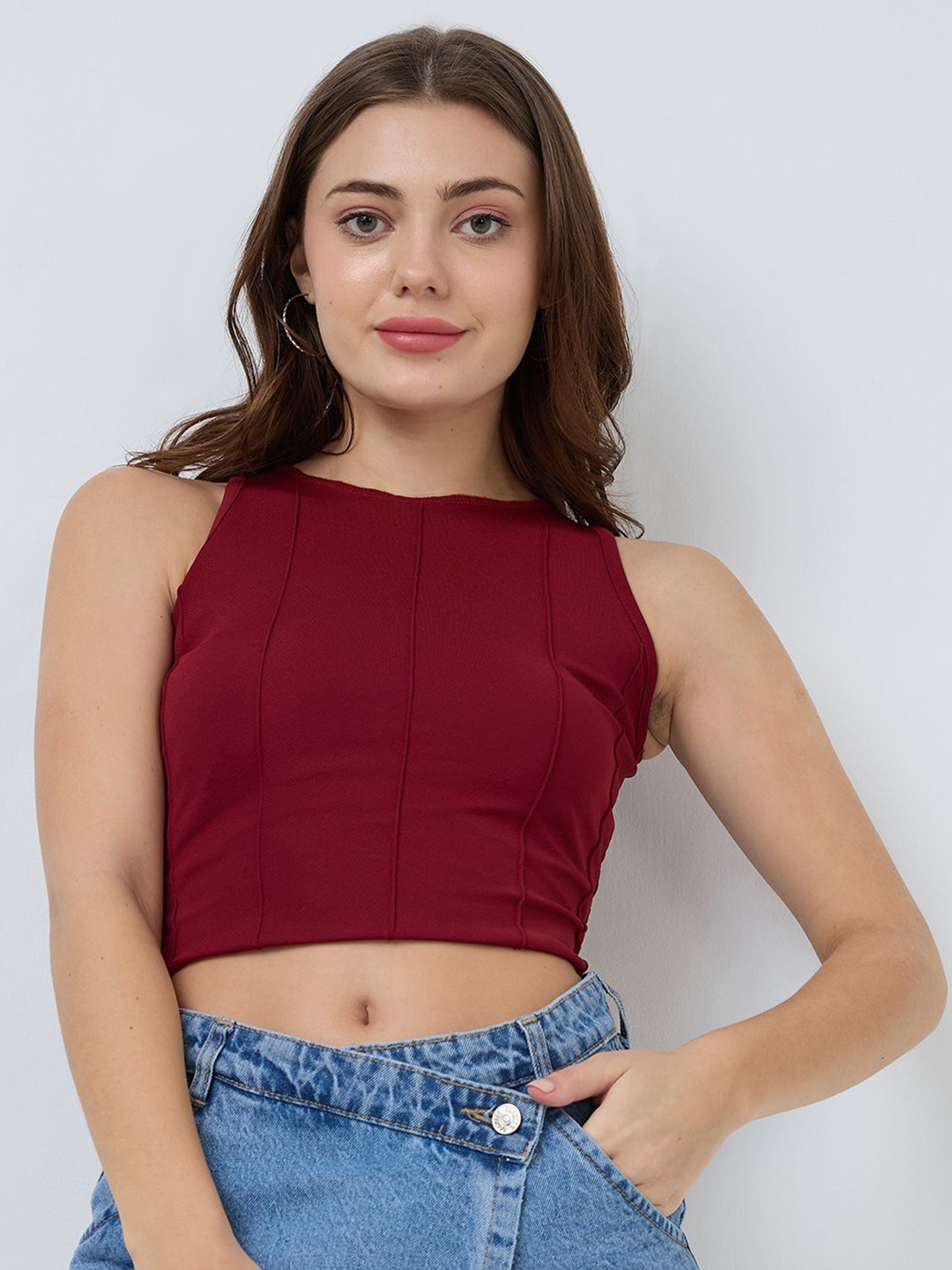 

SZN Women Solid Crop Top, Maroon