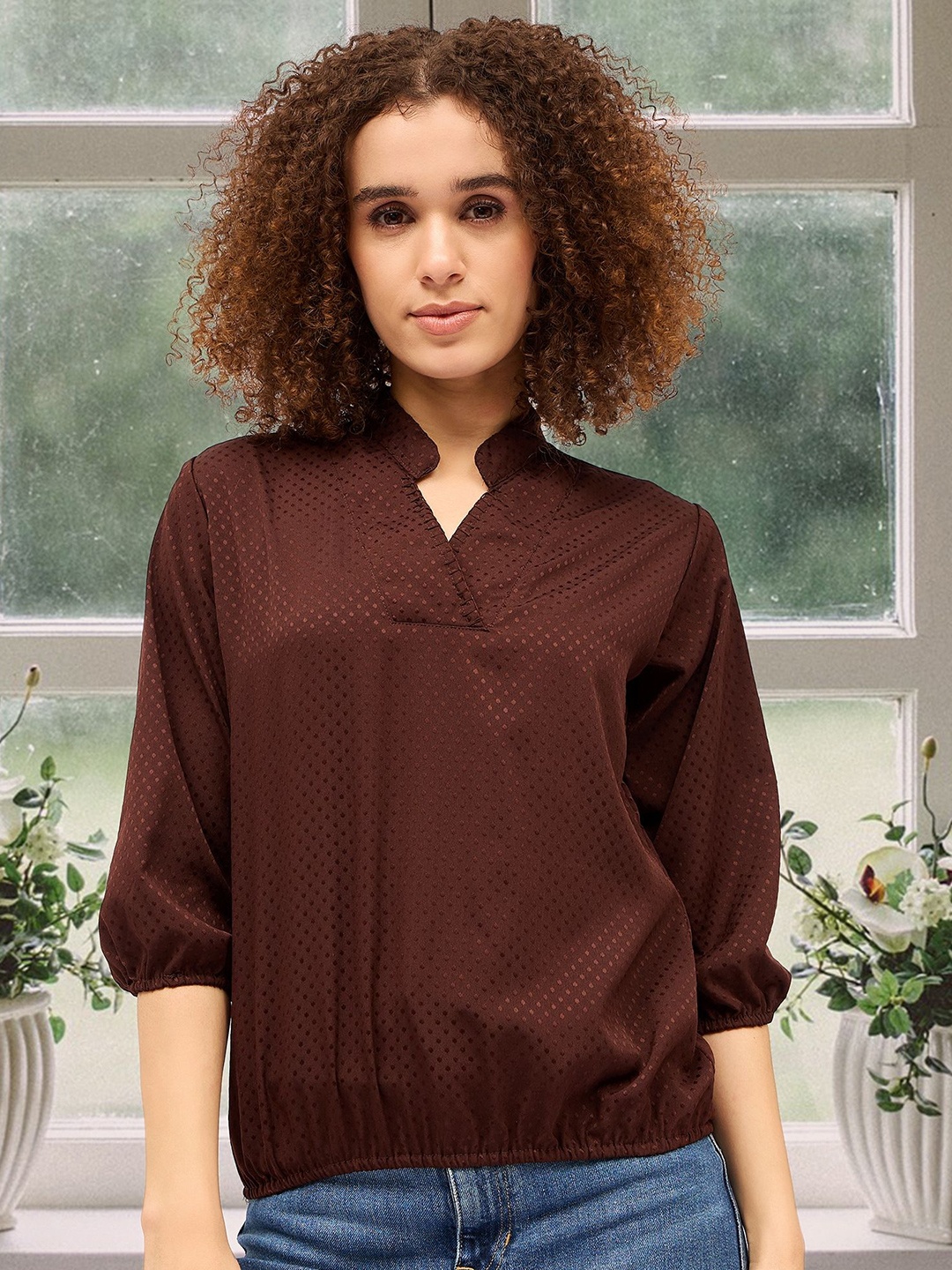 

DressBerry Women Mandarin Collar Blouson Top, Brown