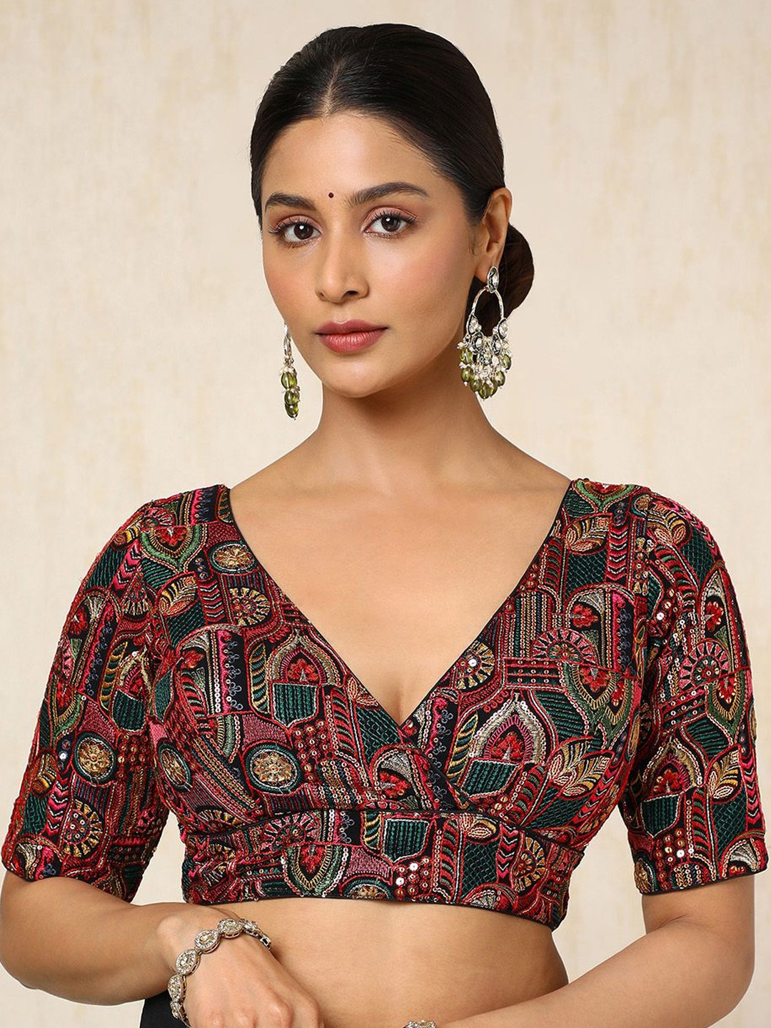 

Soch Embroidered V Neck Padded Saree Blouse With Sequins, Black