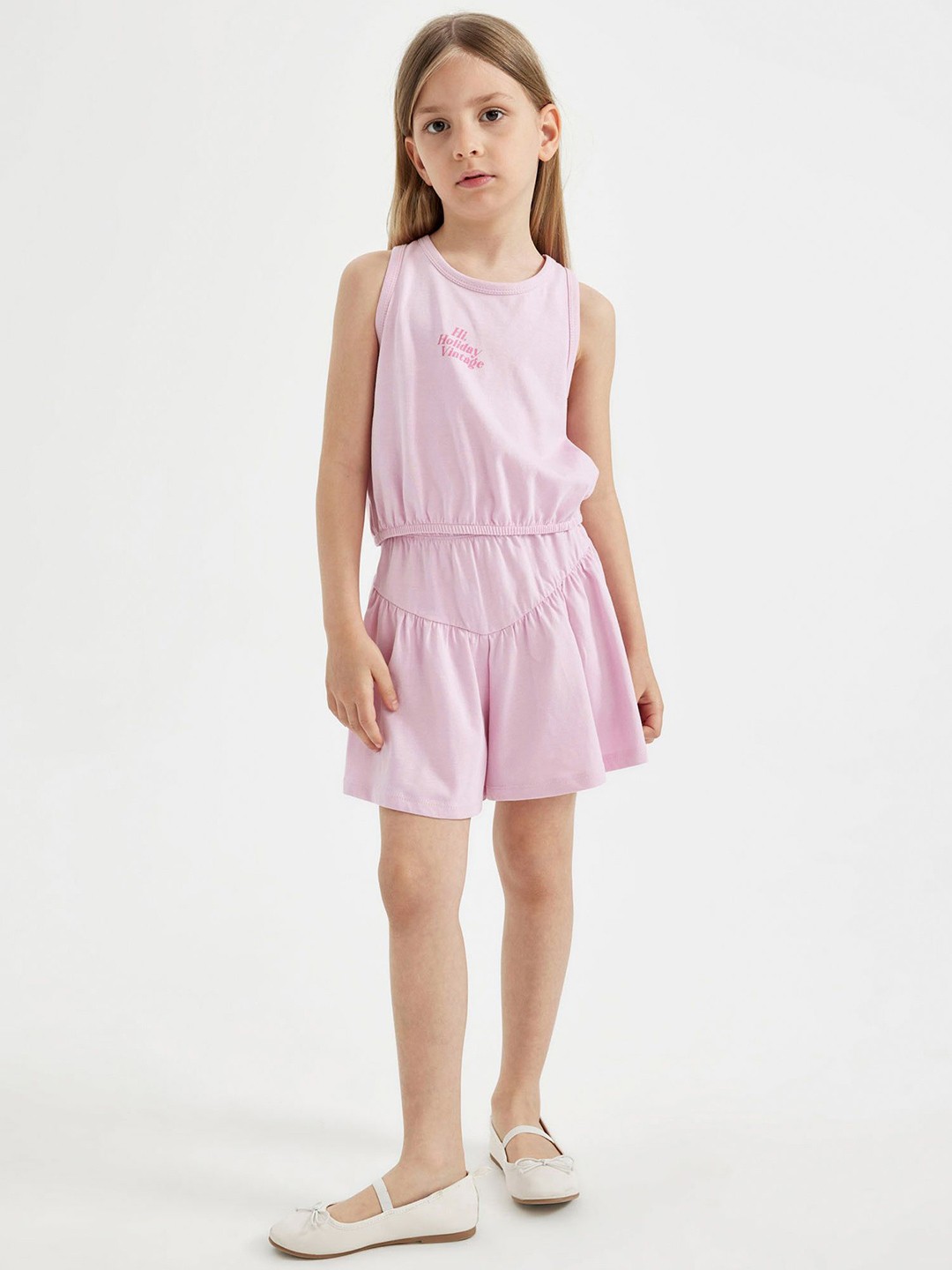 

DeFacto Girls Printed Round Neck Sleeveless Pure Cotton Top with Shorts, Pink