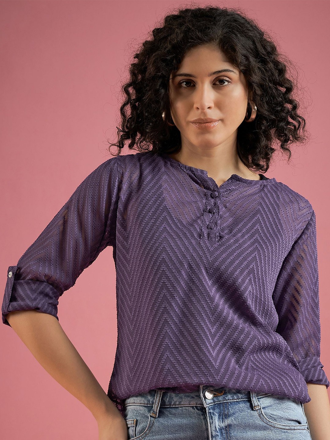 

DressBerry Roll-Up Sleeves Georgette Top, Purple