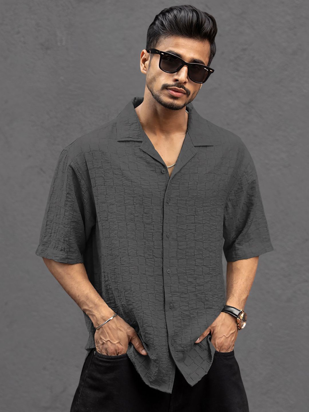 

Powerlook Men Relaxed Fit Cuban Collar Textured Cotton Casual Shirt, Grey