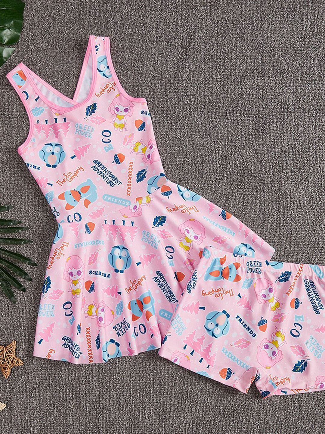 

YK Girls Printed Round Neck Swim Dress, Pink