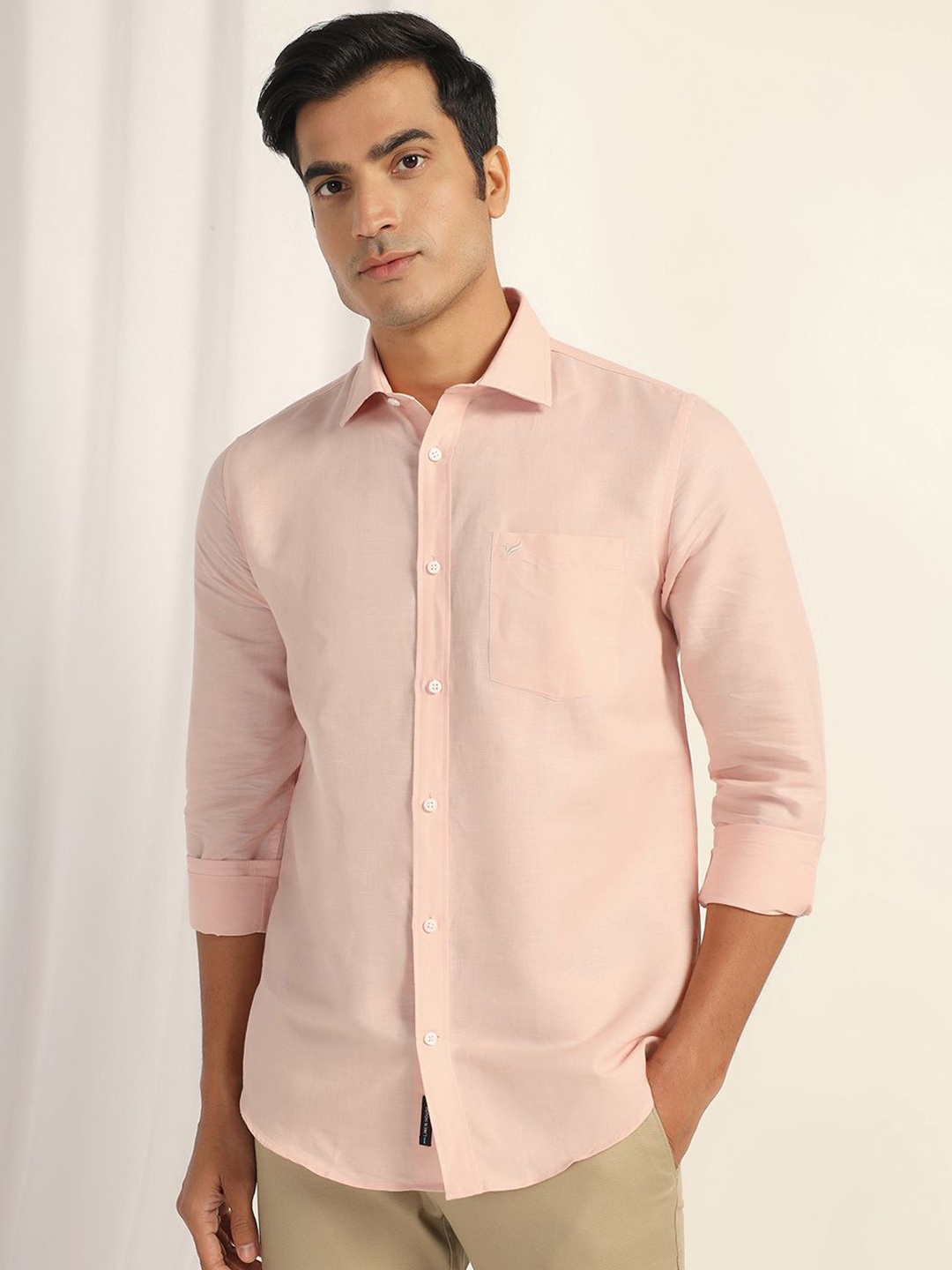 

Blackberrys Men India Slim Fit Spread Collar Solid Linen Casual Shirt, Peach