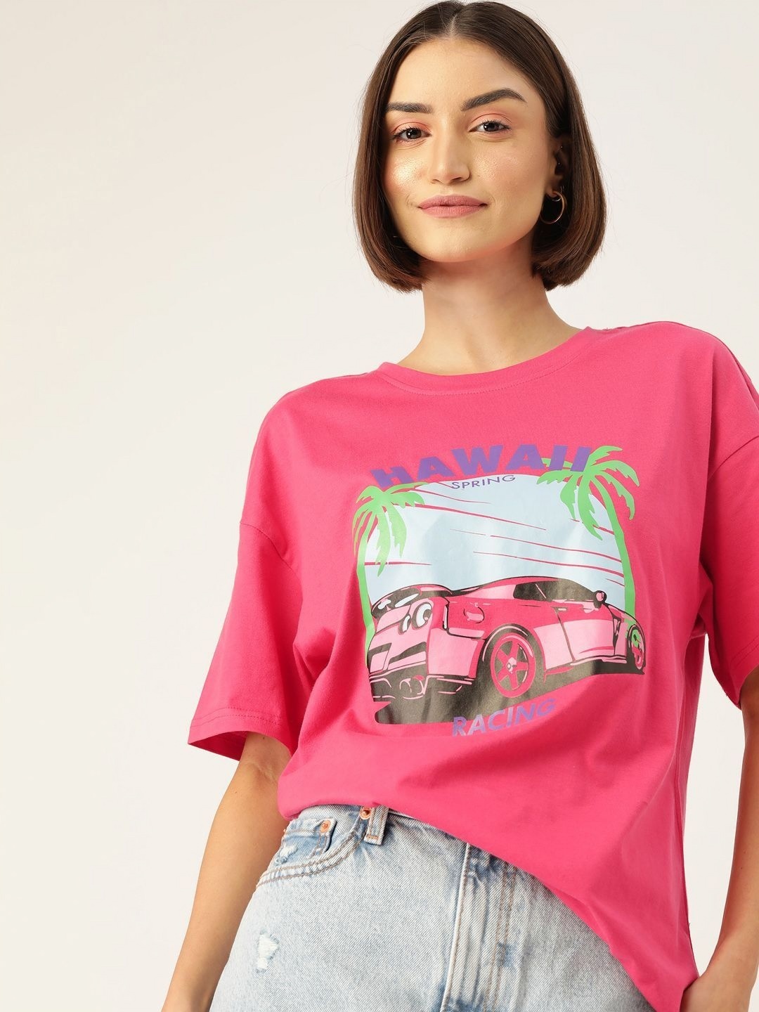 

DressBerry Women Graphic Printed Round Neck Cotton Oversized T-shirt, Pink