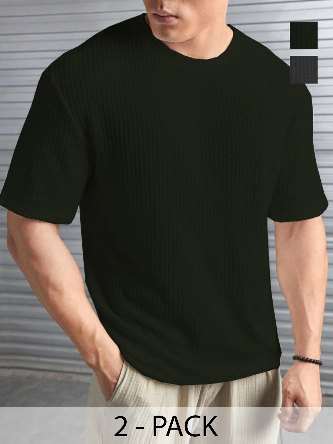 

MERRIMENT Men Pack Of 2 Self Design Round Neck T-shirts, Black