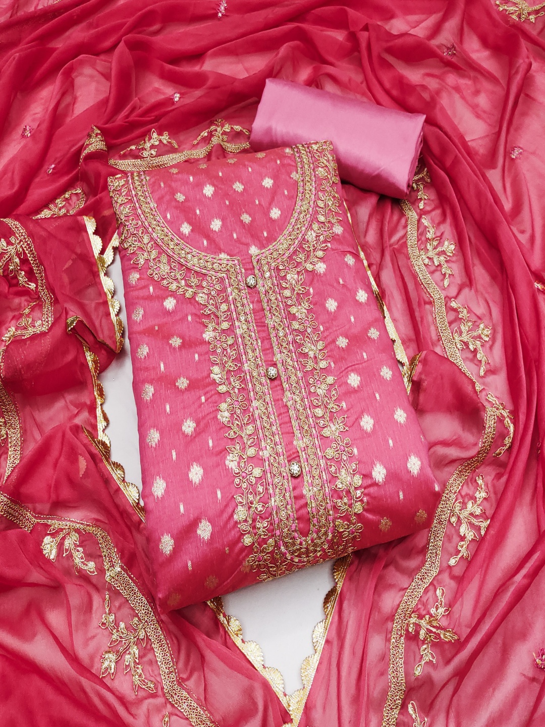 

Blissta Zari Floral Woven Design Unstitched Dress Material, Pink