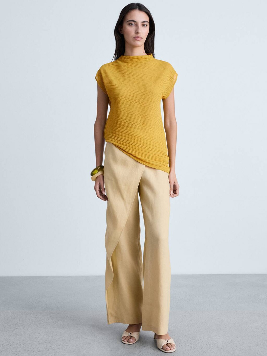 

MANGO Accordion Pleated Extended Sleeves Asymmetric Hem Top, Mustard