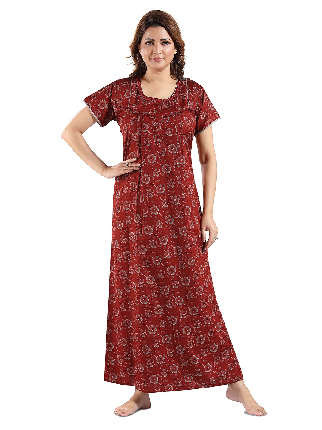 

NIGHT QUEEN Women Printed Maxi Nightdress, Rust
