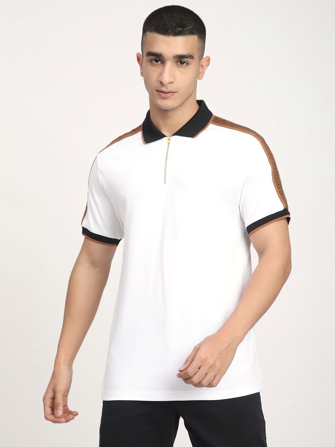 

R&B Men Solid Polo Collar Cotton T-shirt, White