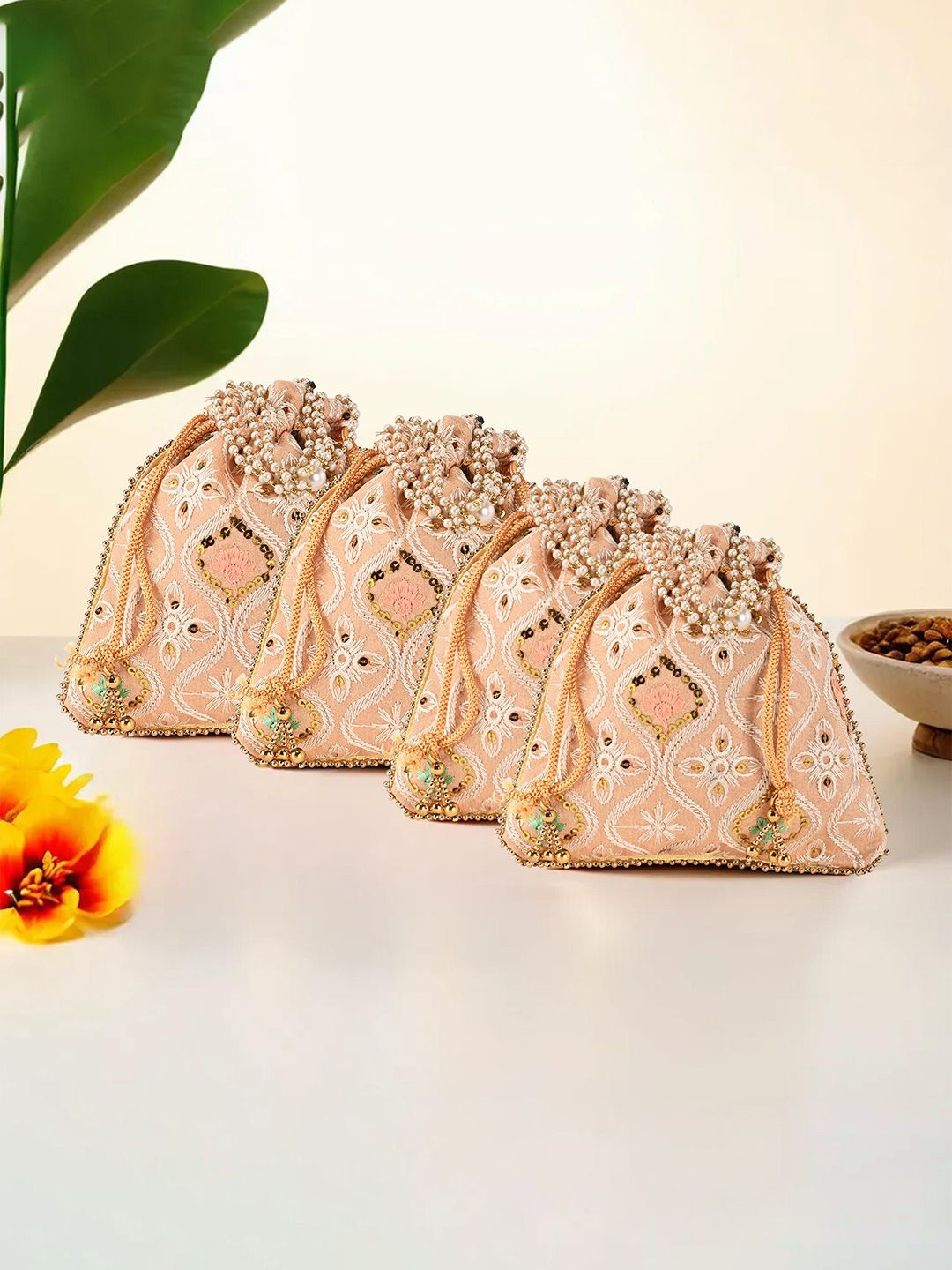 

Kuber Industries Unisex Set Of 4 Embroidered Potli Clutches With Pearl Handles, Peach