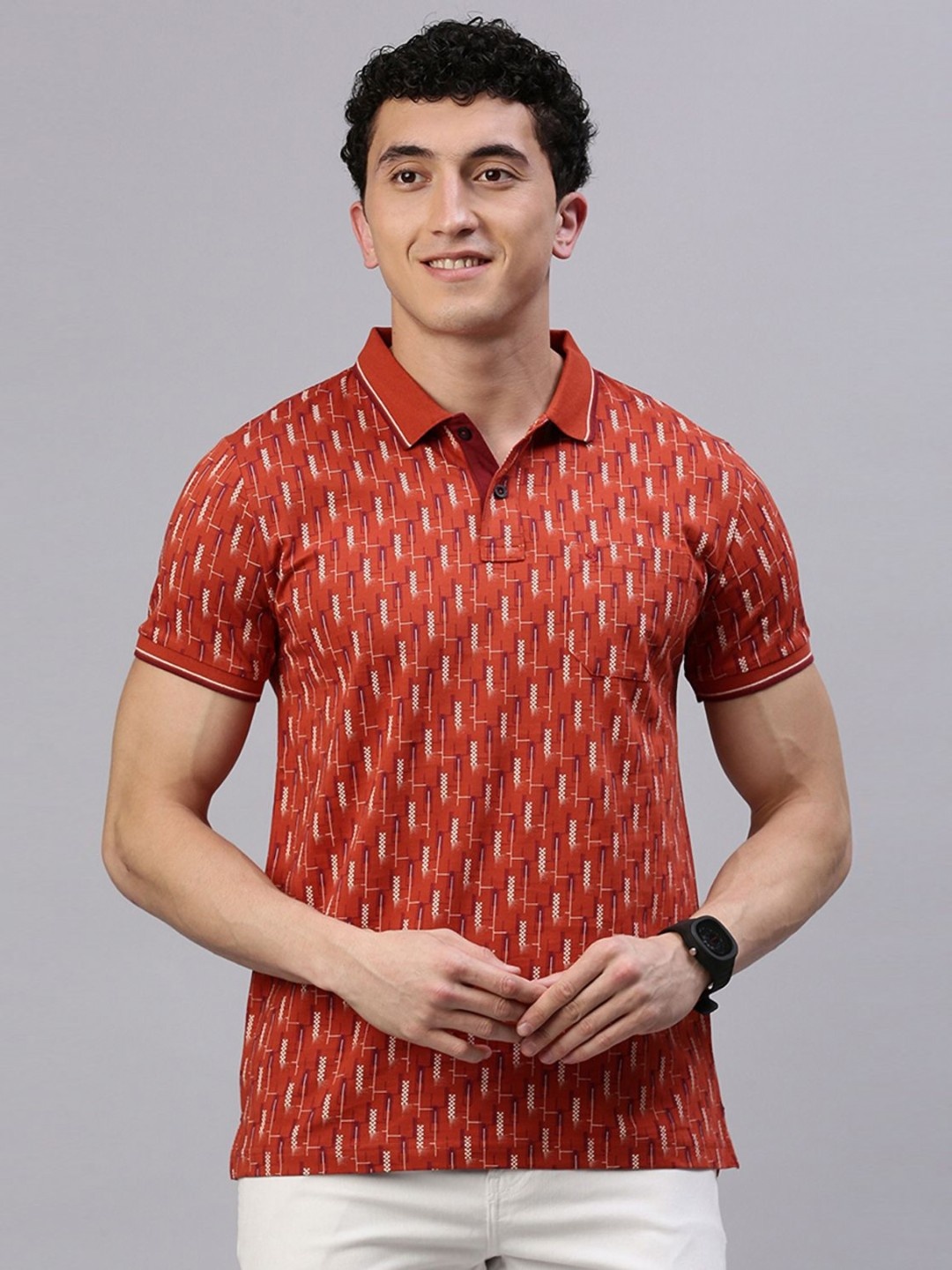 

Classic Polo Men Geometric Printed Polo Collar Cotton Slim Fit T-shirt, Rust