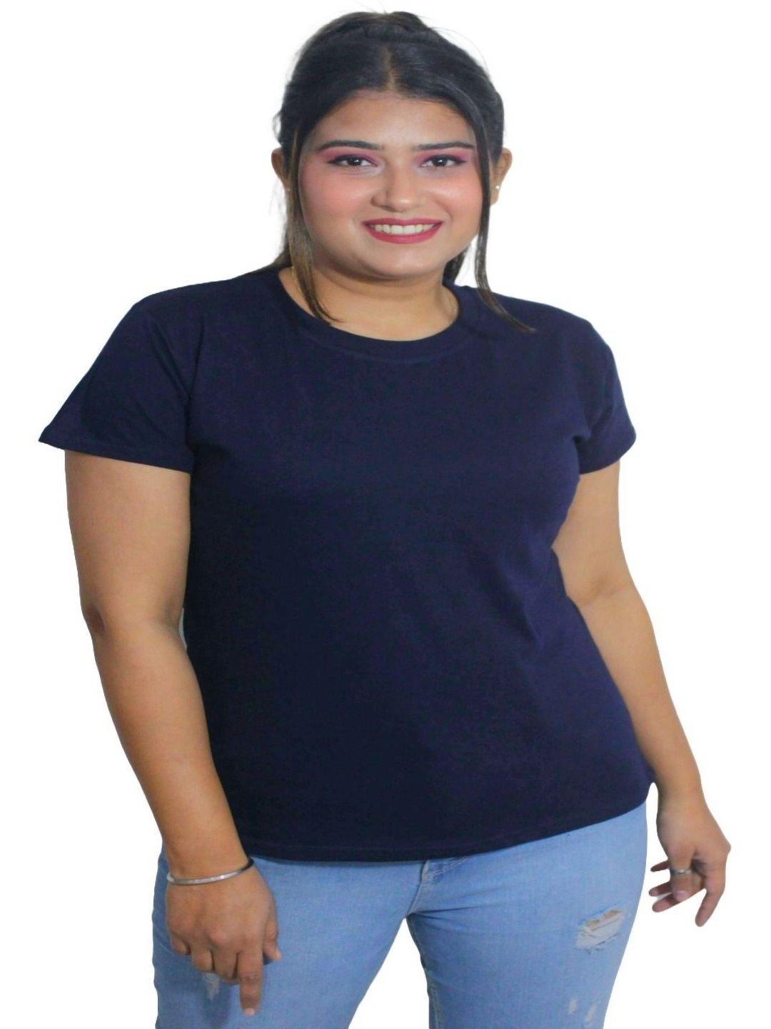 

PINK SHELL Women Solid Round Neck Cotton T-shirt, Navy blue