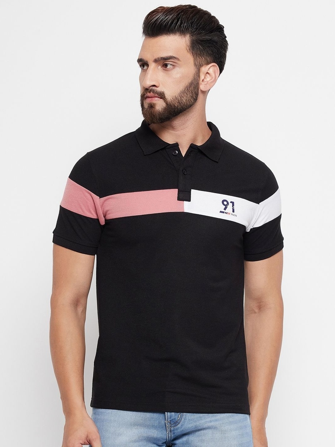 

MXN Men Colourblocked Polo Collar Cotton T-shirt, Black