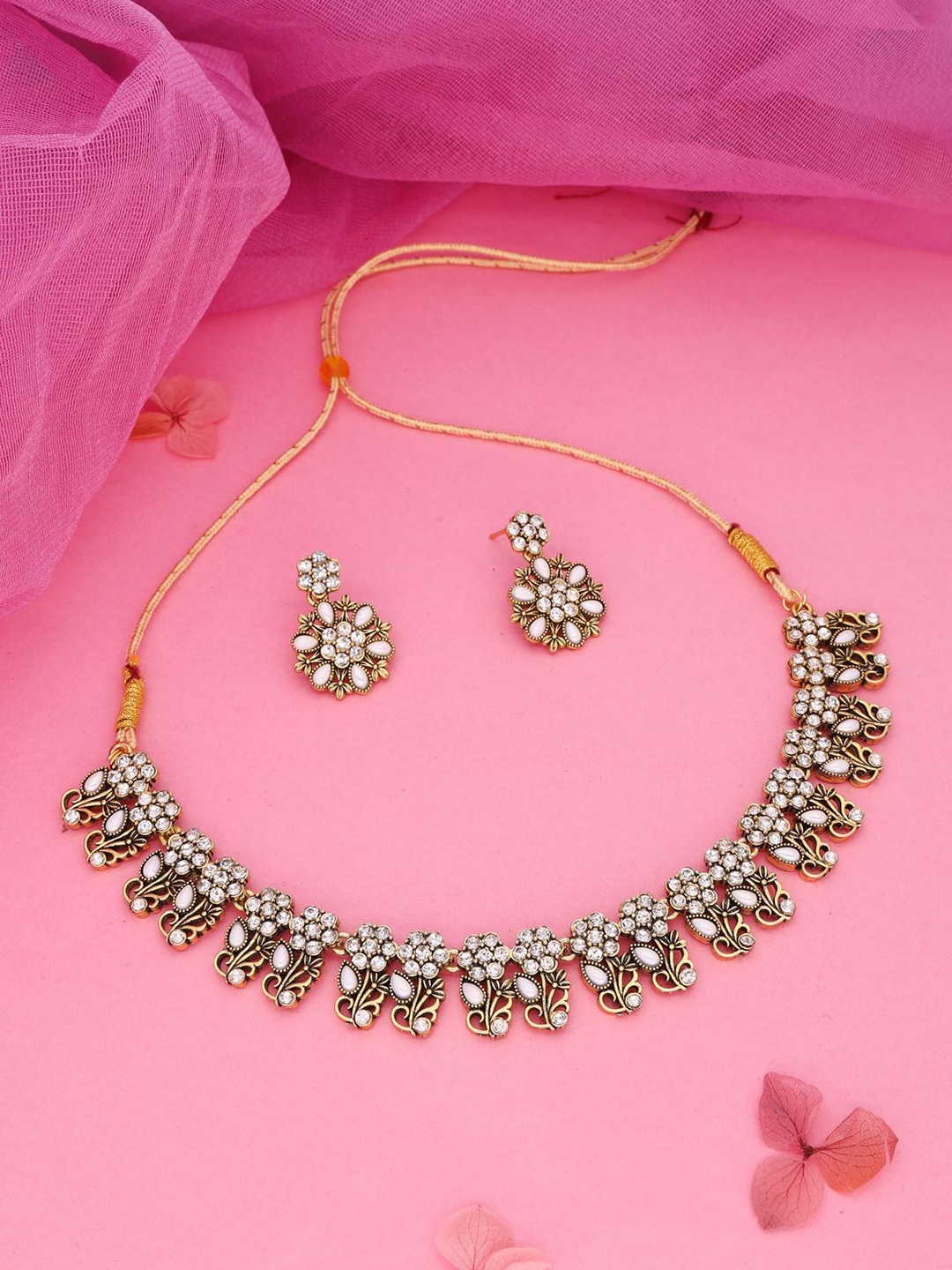 

DIVASTRI Set Of 2 Gold-Plated & Silver-Plated American Diamond-Studded Jewellery Set