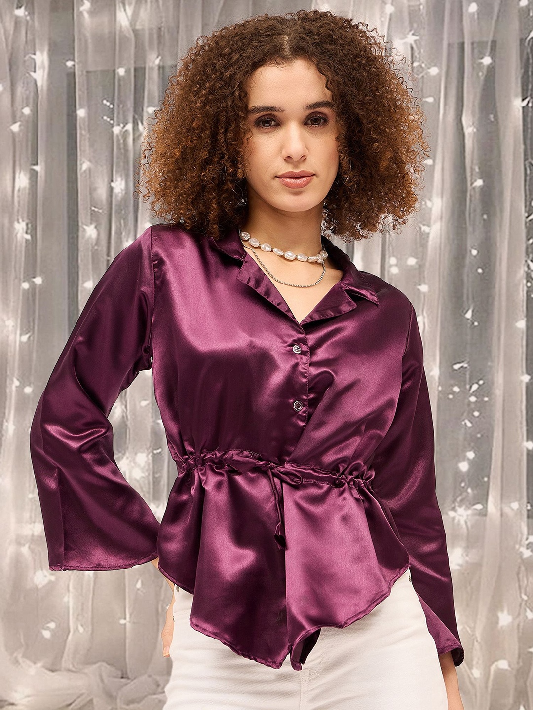 

DressBerry Women Satin Cinched Waist Top, Purple