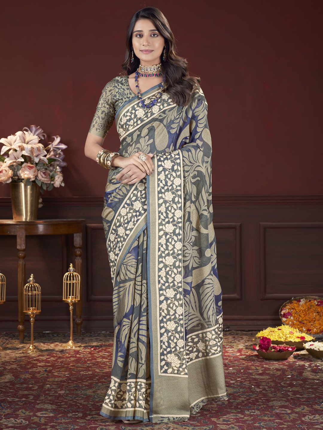 

all about you Ethnic Motifs Zari Brasso Saree, Teal