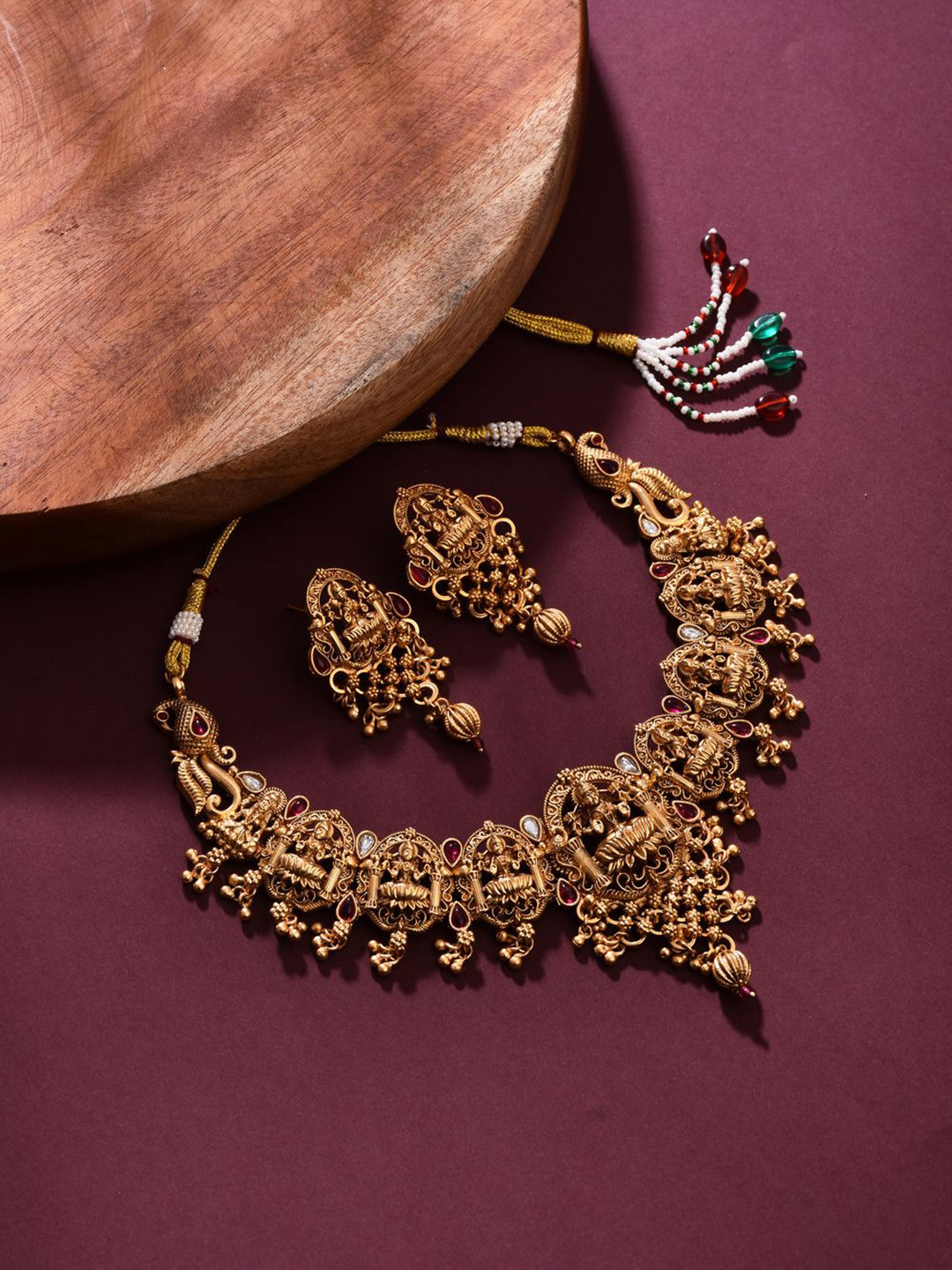 

Anvik Gold-Plated Artificial Stones Studded And Beaded Temple Neckless And Earrings