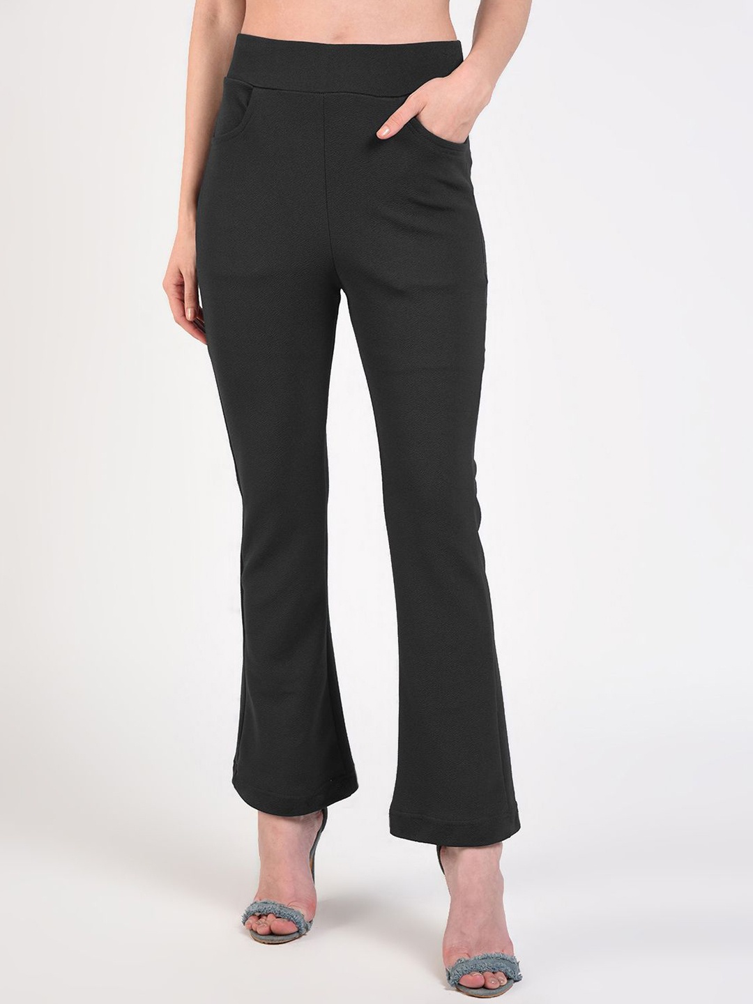 

FLOREOS Women Textured Comfort Wrinkle Free Trousers, Black