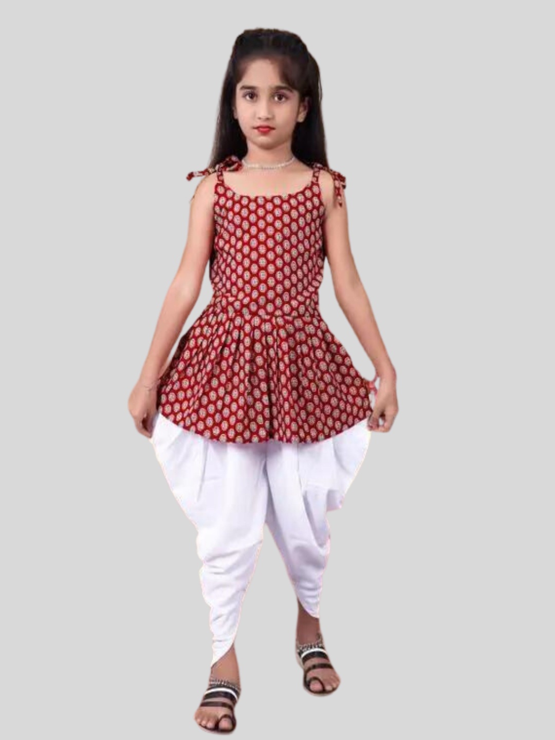 

Aarya Designer Girls Ethnic Motifs Printed Pleated Kurta with Dhoti Pants, Maroon