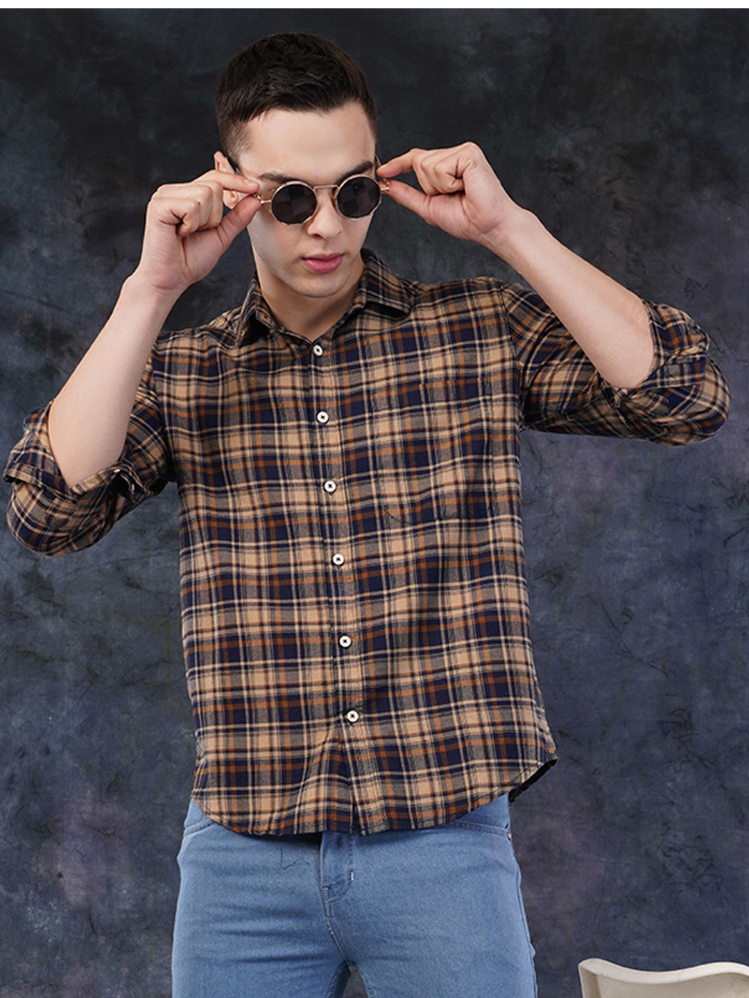 

Binioz Men Classic Fit Spread Collar Tartan Checked Cotton Casual Shirt, Brown