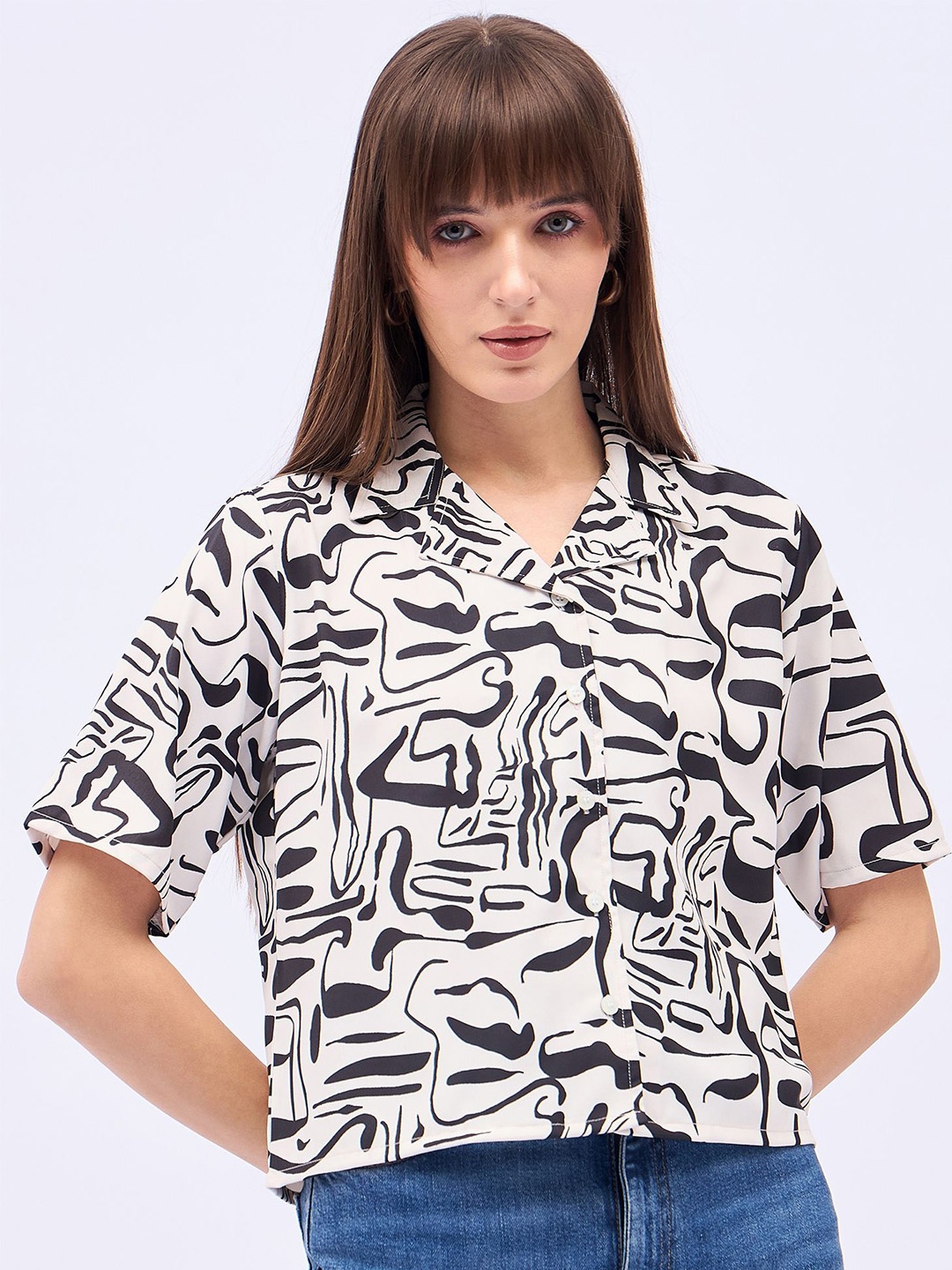 

DressBerry Women Printed Shirt Style Crop Top, Cream