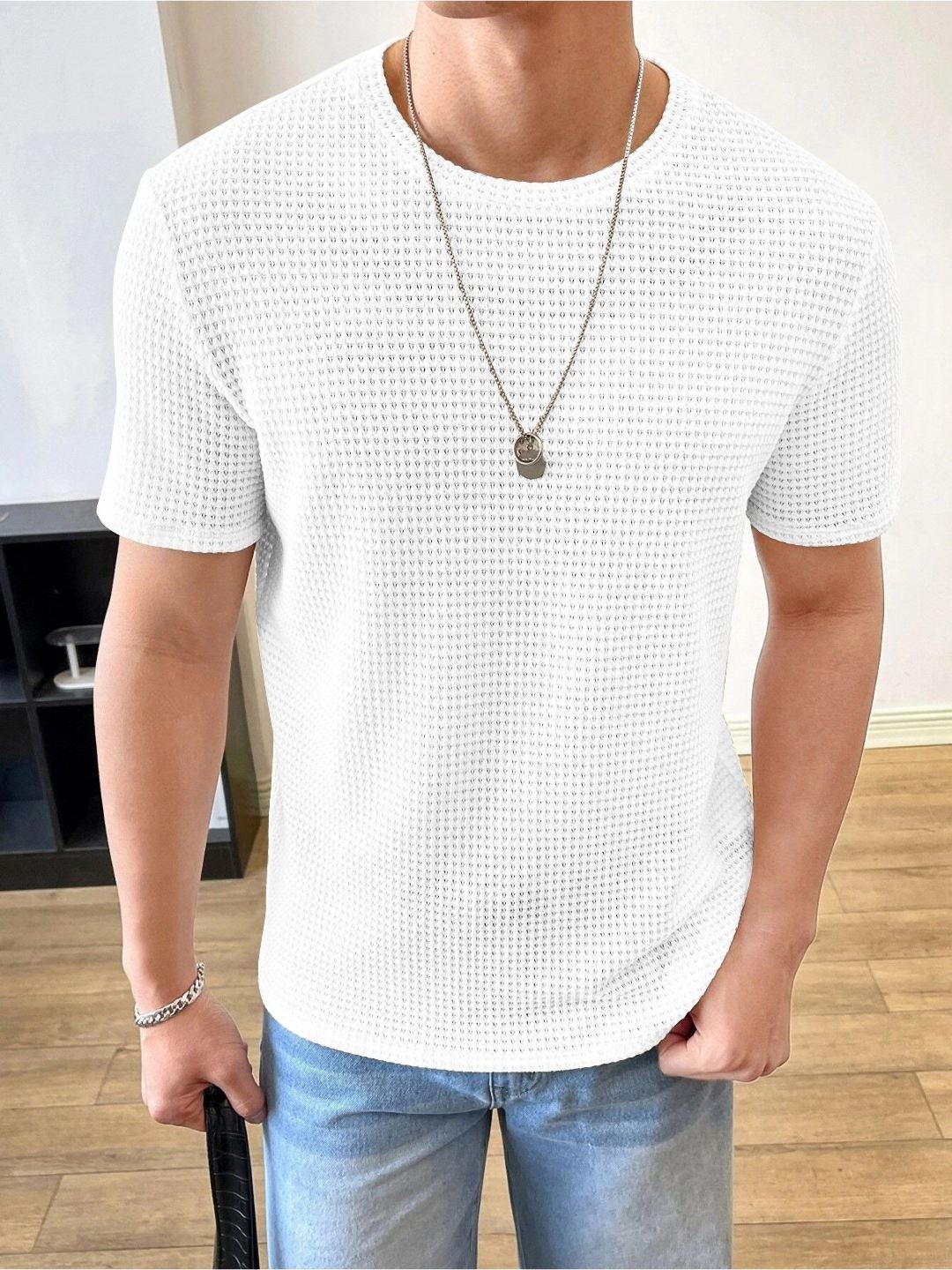 

JUMPCUTS Men Self Design Round Neck Cotton T-shirt, White