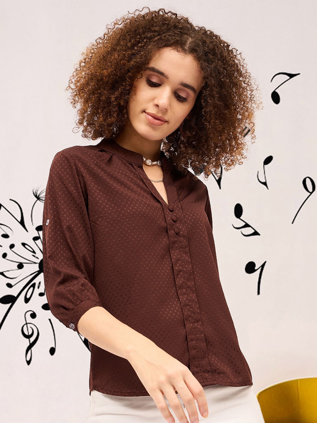 

DressBerry Mandarin Collar Cuffed Sleeve Regular Top, Brown