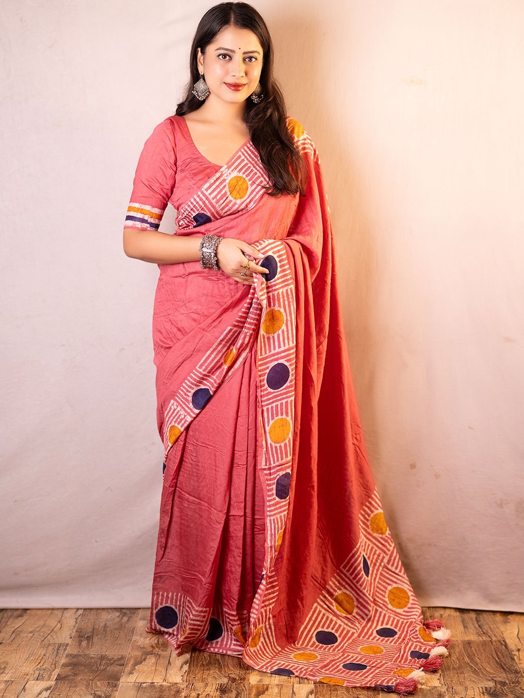 

Mitera Chanderi Cotton Saree With Unstitched Blouse Piece, Pink