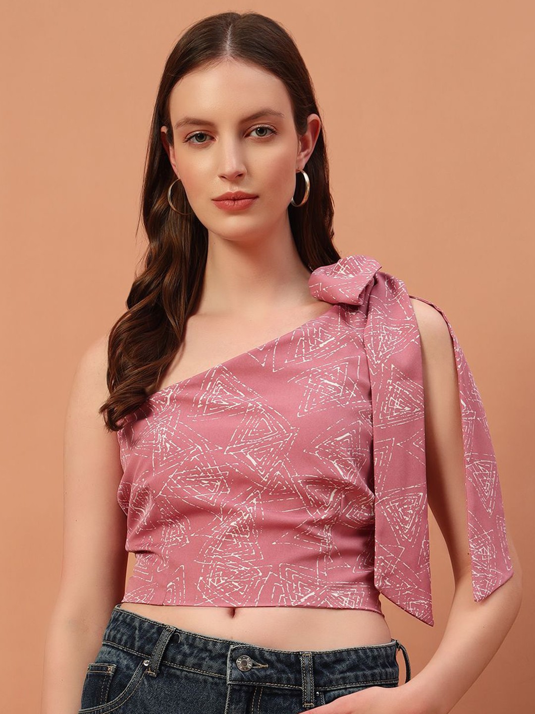 

Rudraaksha Creations Women Geometric Printed One Shoulder Neck Crop Top, Pink