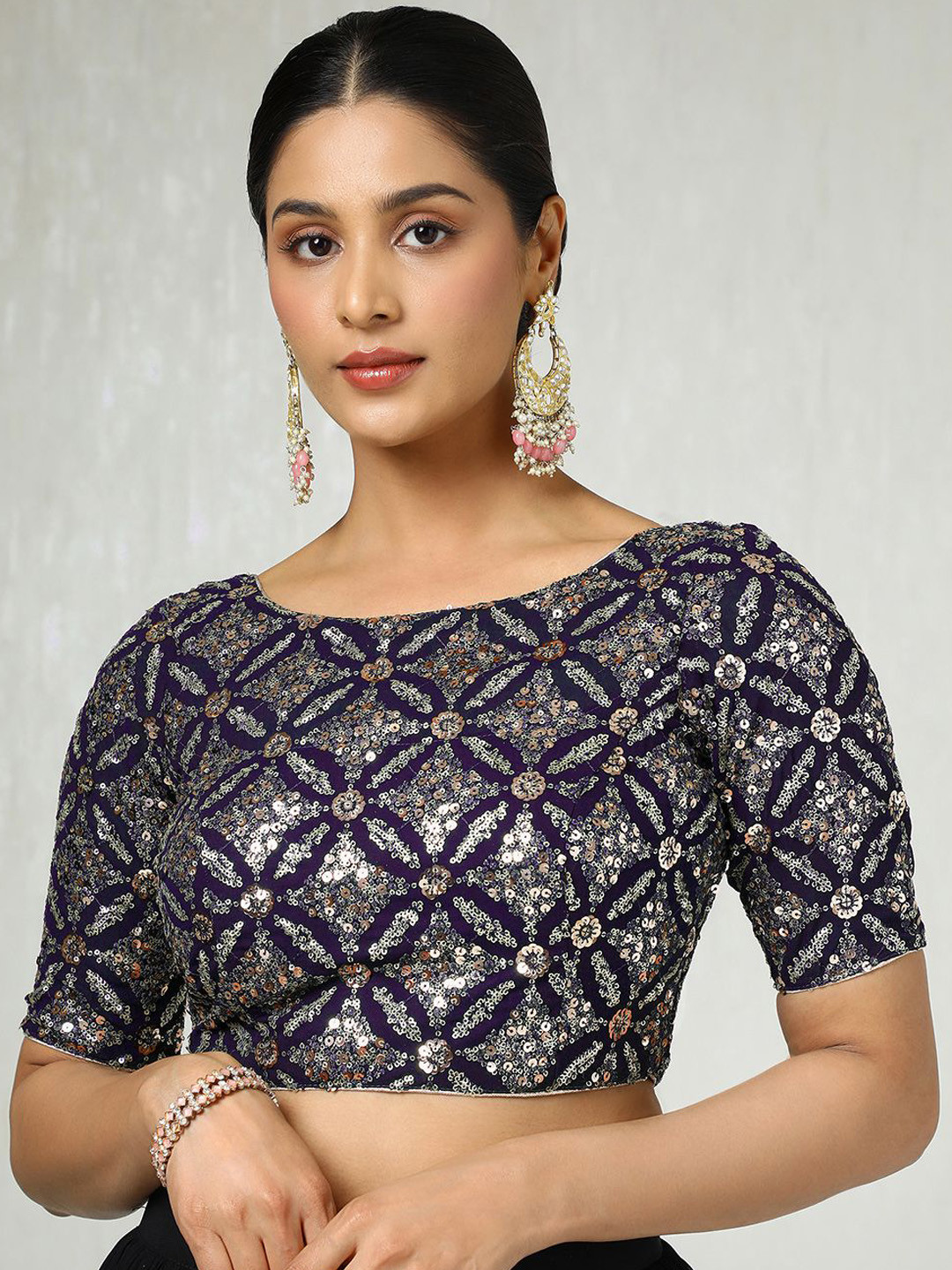 

Soch Embellished Sequinned Round Neck Padded Saree Blouse With Sequins, Navy blue