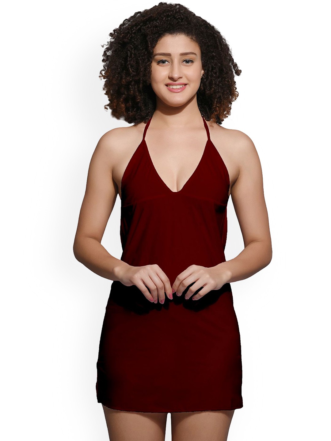 

chia fashions Women Satin Halter Neck Baby Doll, Maroon