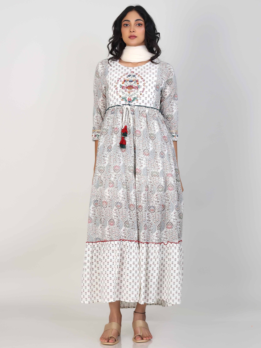 

Hassu's Women Ethnic Motifs Embroidered Cotton Fit & Flare Maxi Dress, Off white